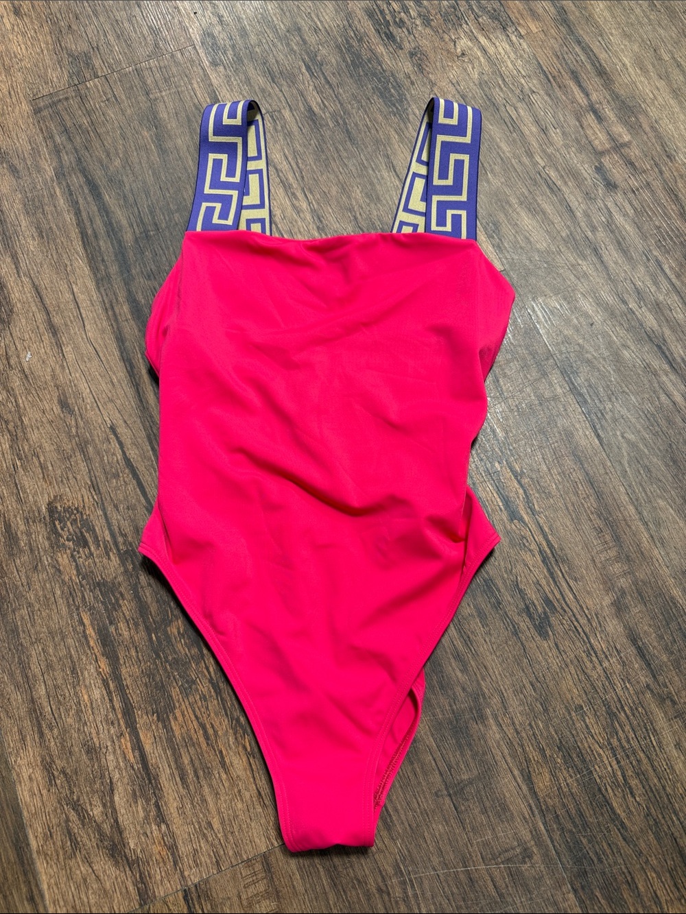 Versace Hot Pink One-Piece Swimsuit with Patterned Navy & Cream Straps